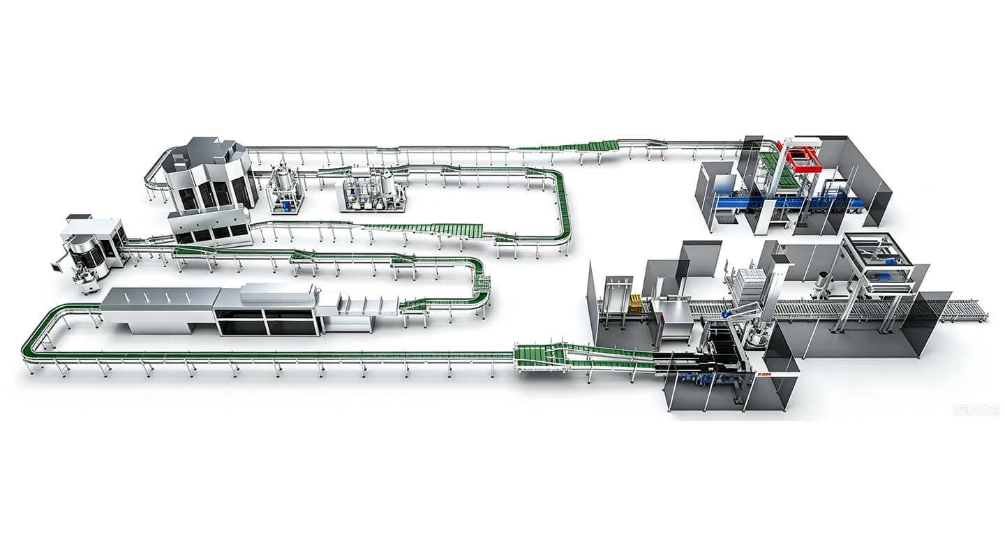 Carbonated Drink Filling Line Carbonated drink filling line layout for soda, sparkling water, conveying, packing, and palletizing