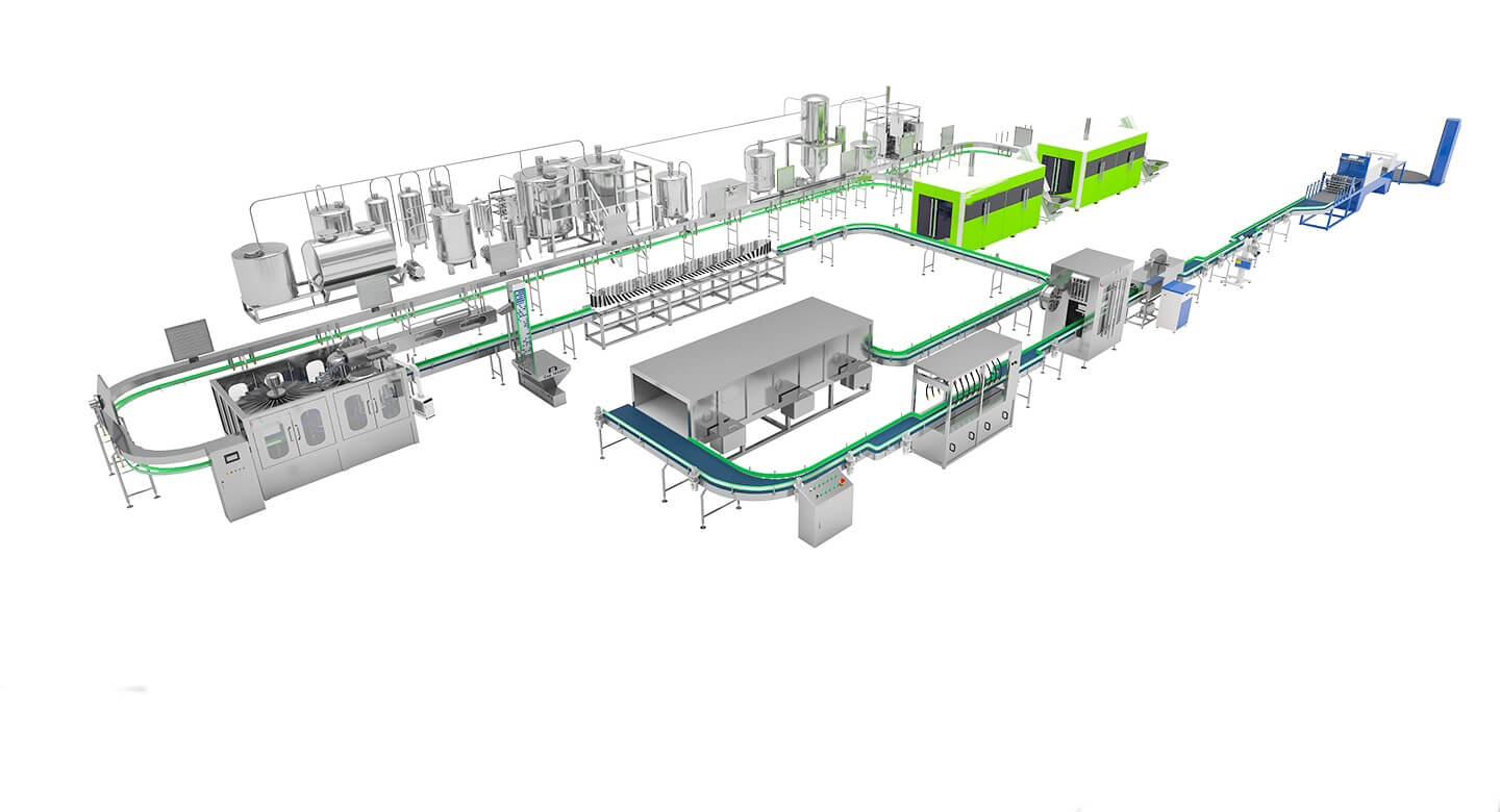 Edible Oil Filling Line Edible oil filling line layout with PET bottle filling, labeling, carton packing, and palletizing equipment